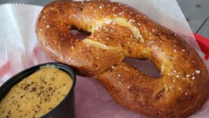 a close up of a pretzel