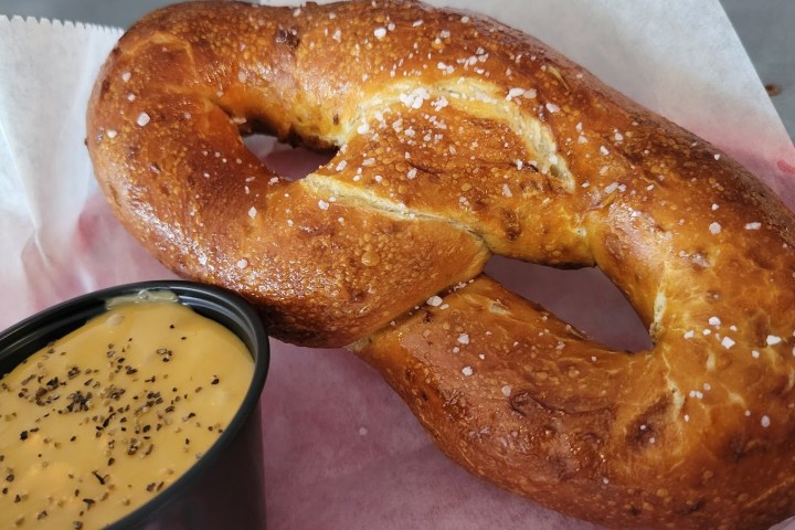 a close up of a pretzel